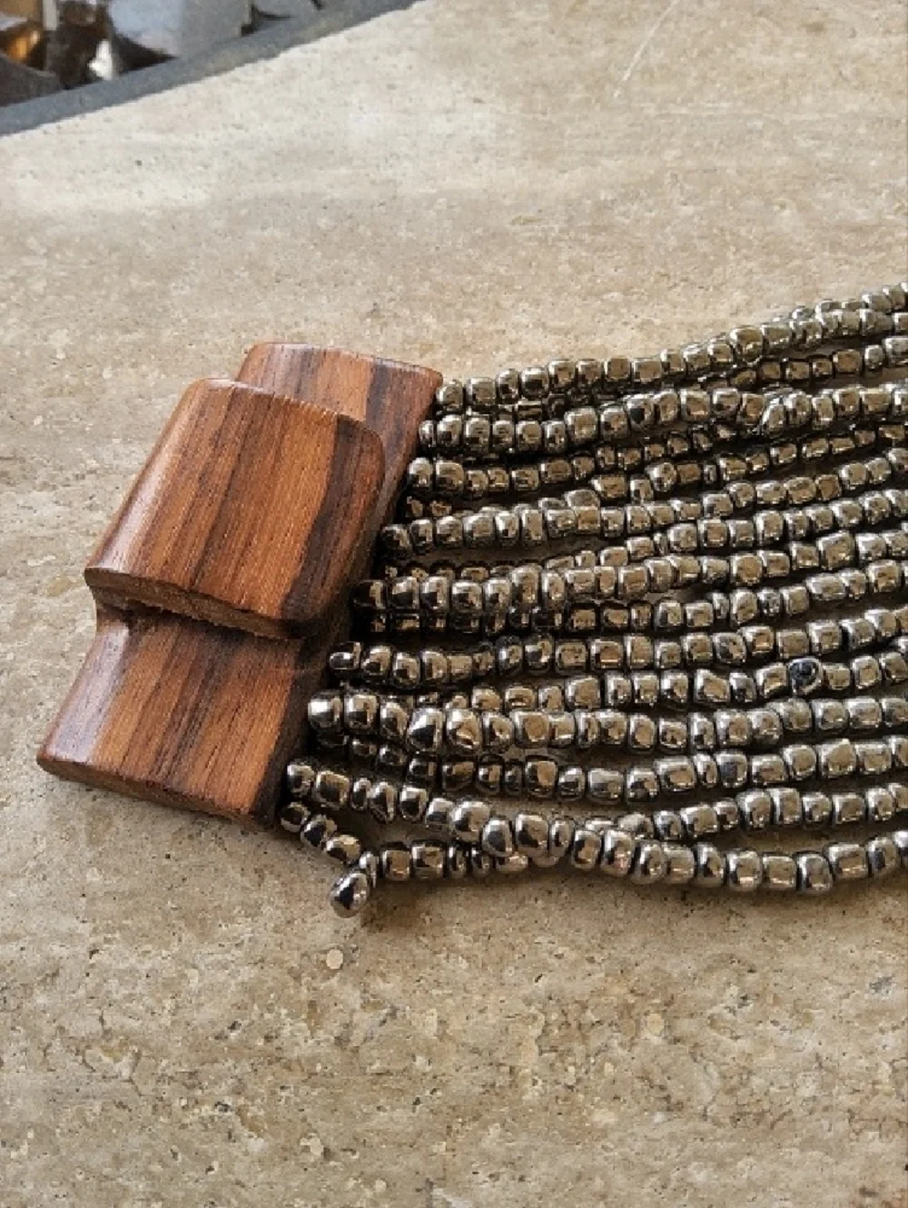 Multi-Strand Silver Bead Bracelet with Wooden Clasp